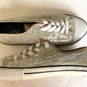 Silver Sequin Low-Top Lace-Up Sneakers